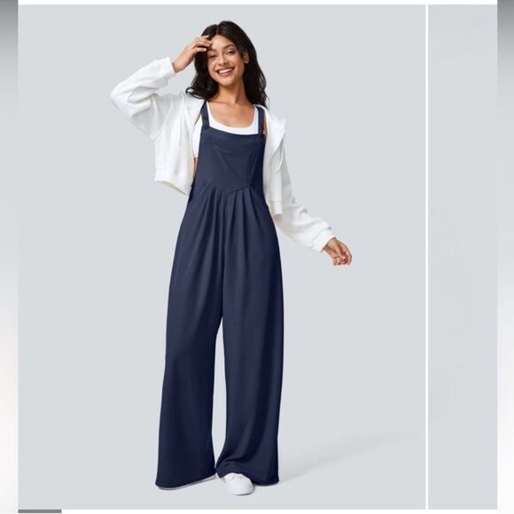 HALARA Waffle Casual Wide Leg Overalls Jumpsuit NEW Size Medium Navy Blue - Picture 3 of 10
